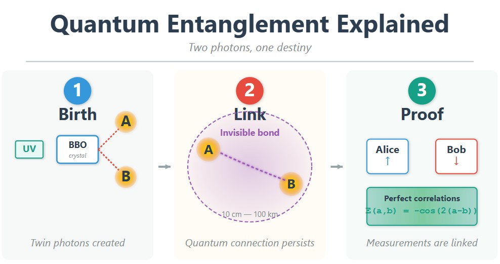 066 - CdR structure of long-range entanglement Three-step diagram showing the creation, separation, and measurement of two entangled photons sent to Alice and Bob.