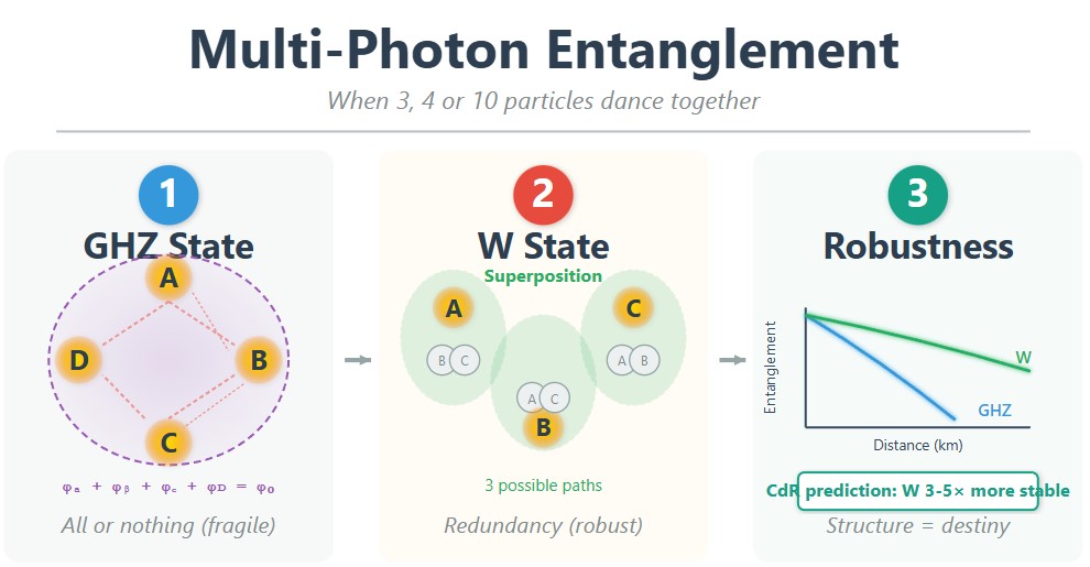 068 - Multi-particle entanglement — Decoherence, robustness, and Φ structure for N>2 Graph comparing the fragility of GHZ states and the robustness of W states as the number of particles and distance increase.