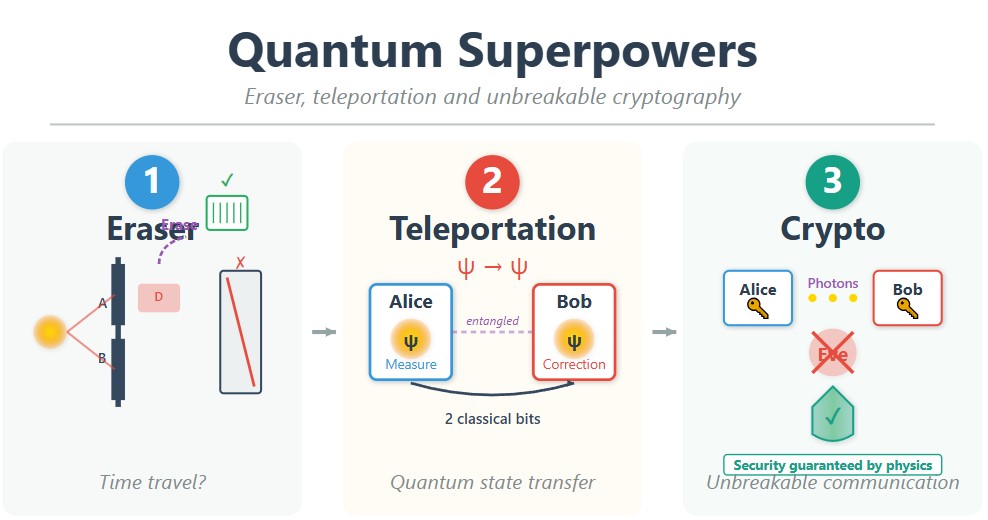 069 - Applications: quantum eraser, teleportation, quantum cryptography Illustration of the three main applications of quantum entanglement: eraser, teleportation, and secure key distribution.