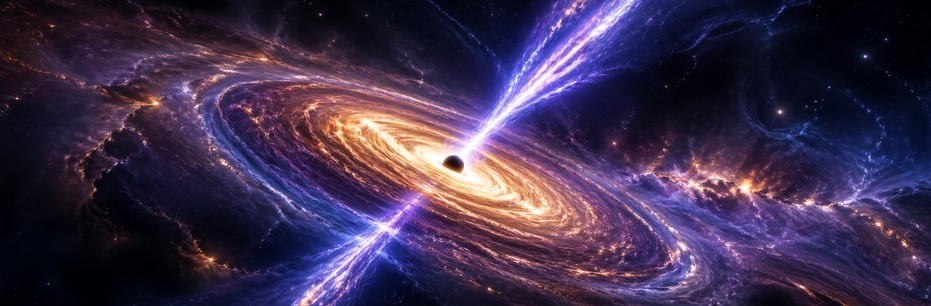 Black hole surrounded by a bright disk, from which two opposite jets emerge.