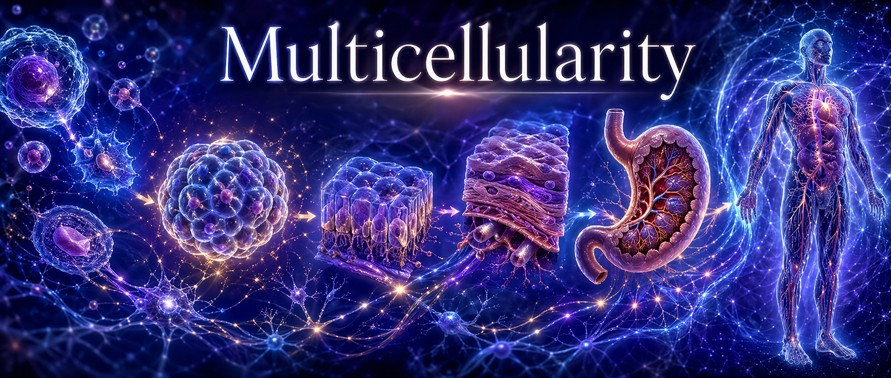 Multicellular organization showing cells, tissues, organs, coordination and integration of life.