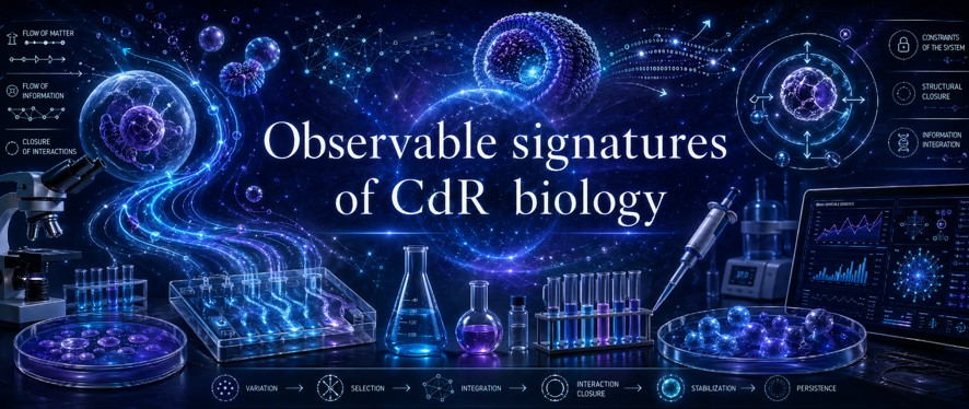 Conceptual map linking flows, information, closure, memory, selection and experimental constraints of CdR biology.