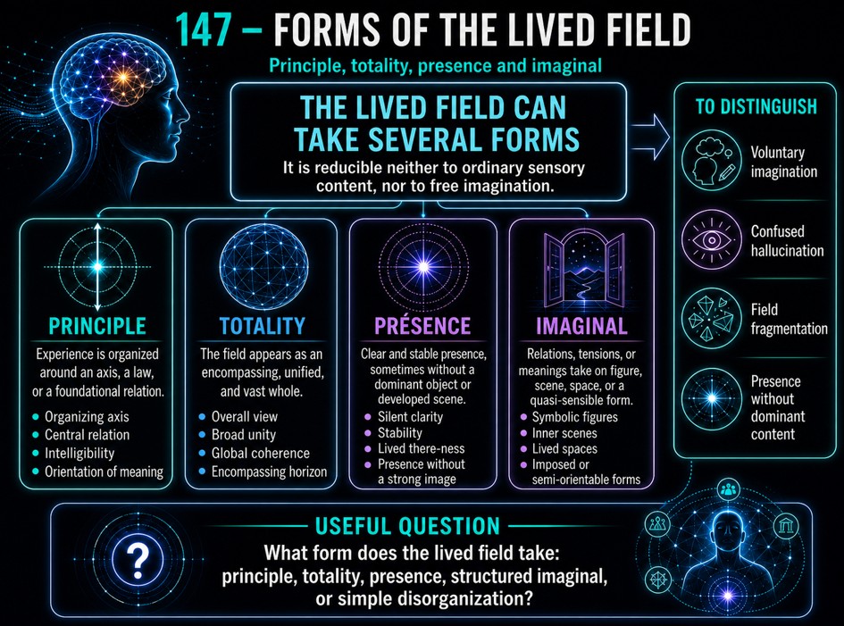 Forms of the lived field, principle, totality, presence and imaginal.