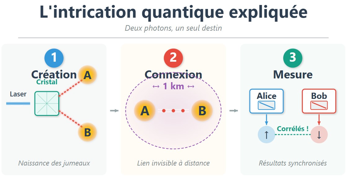 066 - Intrication EPR — corrélation longue portée Schéma en trois étapes montrant la création, la séparation et la mesure de deux photons intriqués, envoyés vers Alice et Bob.