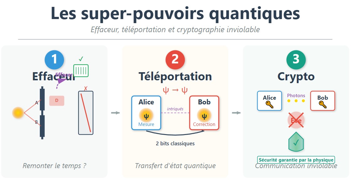 069 - Protocoles d’intrication avancés Illustration des trois grandes applications de l’intrication quantique : effaceur, téléportation et distribution sécurisée de clés de chiffrement.