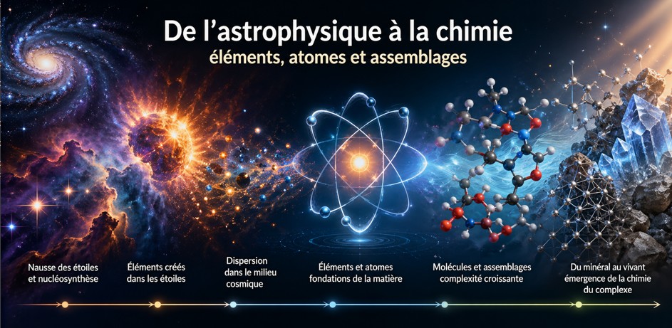 Transition des éléments produits par les étoiles vers des atomes capables de s’assembler en structures chimiques.