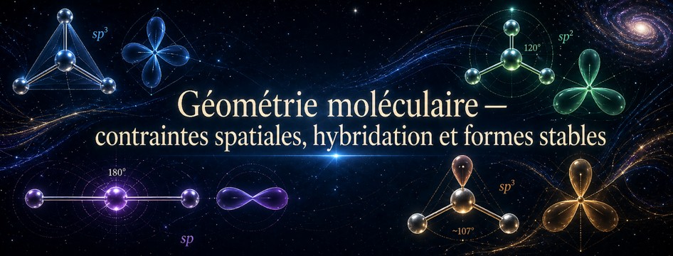 Géométrie moléculaire montrant des formes stables issues de contraintes spatiales et de modes de liaison.