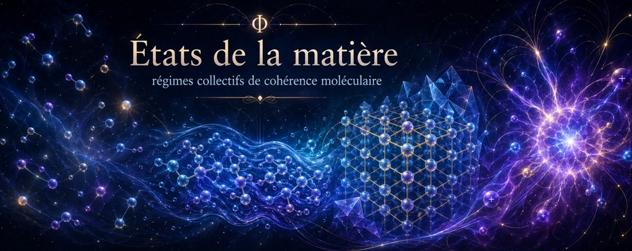 Solide, liquide, gaz et plasma comme régimes collectifs de cohérence entre entités matérielles.