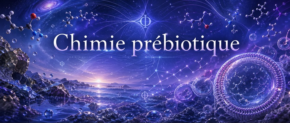 Milieu prébiotique montrant cycles chimiques, compartiments et proto-métabolismes.