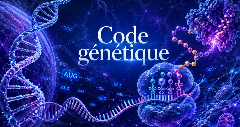 Code génétique montrant codons, acides aminés, traduction, redondance et robustesse aux erreurs.