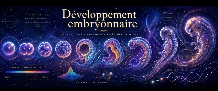 Développement embryonnaire montrant gradients, différenciation, morphogenèse et mémoire de forme.