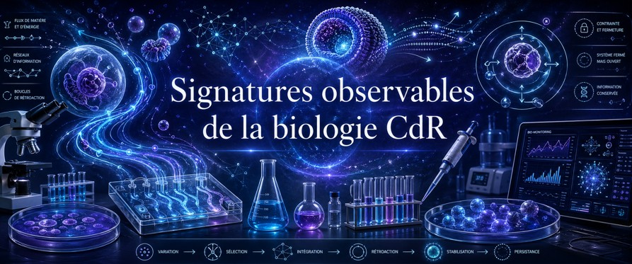 Carte conceptuelle reliant flux, information, clôture, mémoire, sélection et contraintes expérimentales de la biologie CdR.