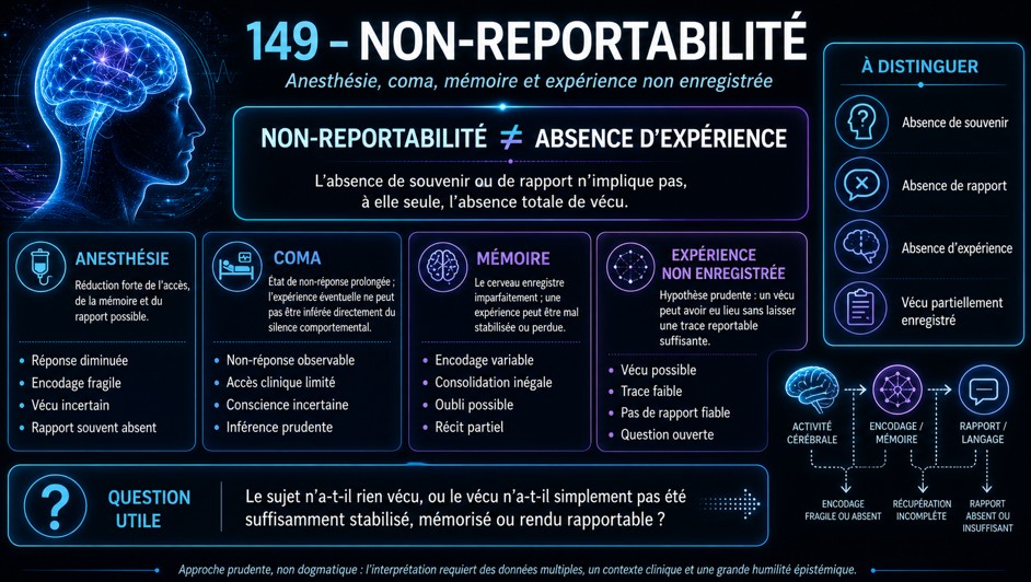 Non-reportabilité, anesthésie, coma, mémoire et expérience non enregistrée.